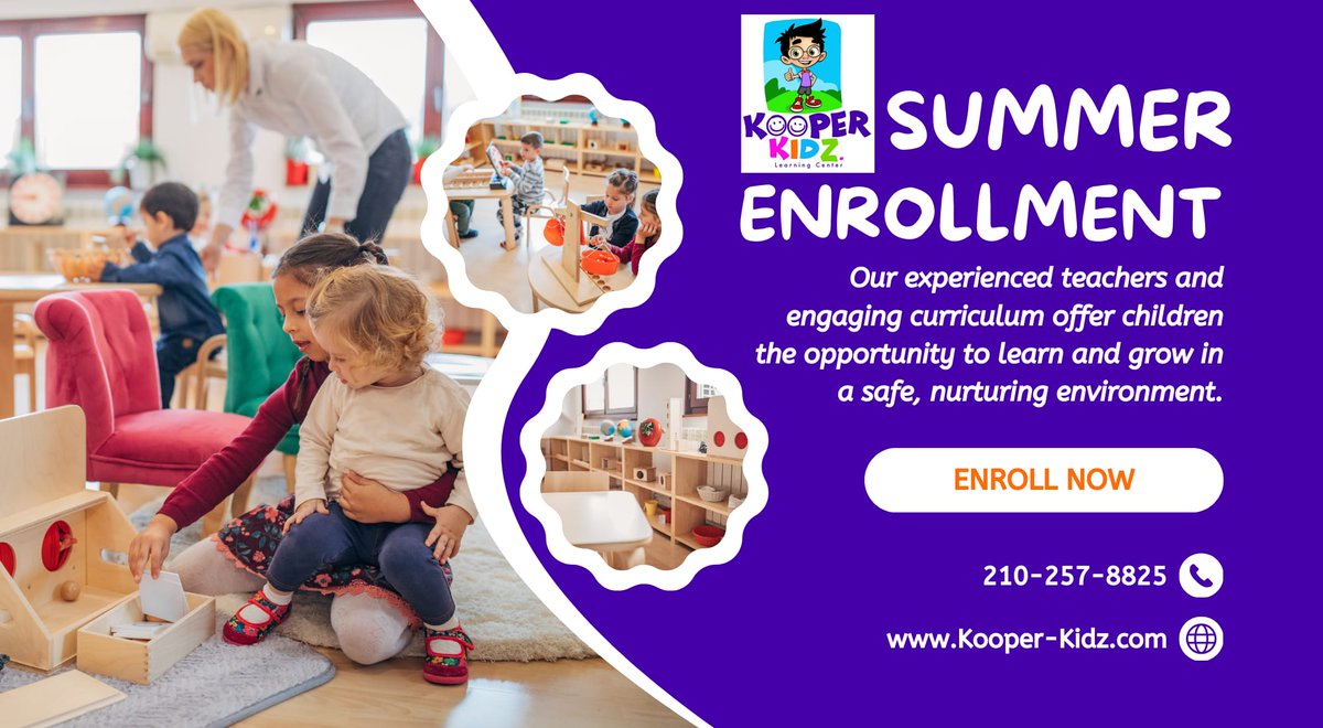 kooper_kidz's tweet photo. Summer  enrollment is now open at Kooper Kidz! Secure your child's spot for an  unforgettable summer of fun and learning. Visit our website to enroll  today: https://t.co/FtwSsk13t0
.
.
 #KooperKidz #sanantonio #preschoolers #LearningAdventure #kooperkidzfamily #preschoolplay https://t.co/V1nAtjDmB6