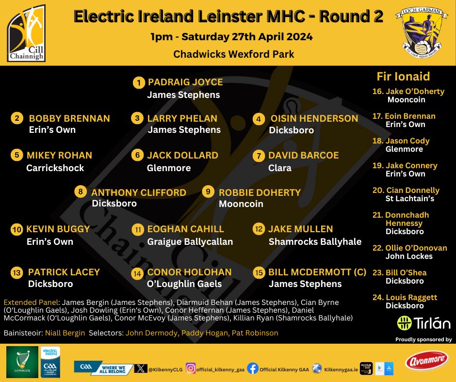 Niall Bergin & his selectors have named the Kilkenny team to face Wexford in round 2 of the @ElectricIreland @gaaleinster MHC. 🗓️ Saturday 27th April 🕛 1pm 📍 Chadwicks Wexford Park Purchase tickets at ⬇️ universe.com/events/electri… The match will be live on @kclr96fm & @clubber…