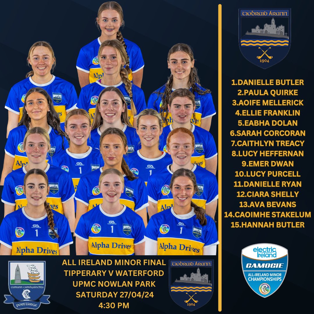 The very best of luck to the Mentors and Players who will play in the Minor All-Ireland Final V Waterford. Manager John Ryan has named his starting 15 tonight. Click ⬇️ to Buy your tickets in advance 🎟️ universe.com/events/electri… #tipperarycamogie #camogie 📸 @SportsFocusIe