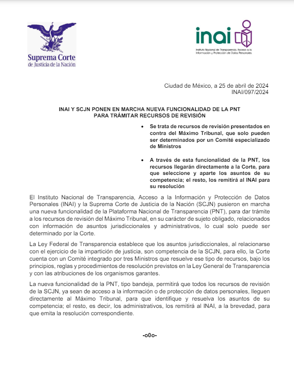 📃 #ElINAIteInforma

INAI y <a href="/SCJN/">Suprema Corte</a> ponen en marcha nueva funcionalidad de la #PNT para tramitar recursos de revisión.

🔗 ow.ly/6IfS50RouEq