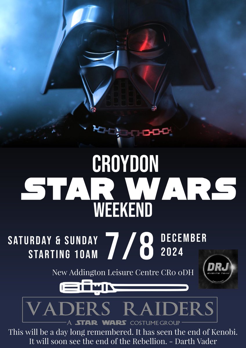 Croydon Star Wars Weekend 
December 7th - 8th 
@starwars @StarWarsUK @SW_Insider @conventionsuk @NewAddingtonMag @NewAddCarnival @CroydonFM @yourcroydon @CroydonGuardian @BBCSouthNews @BBCLondonNews @itvnews