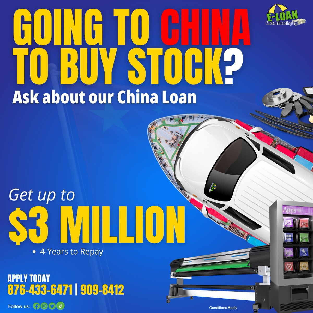 Expand your business horizons with our China Loan! Up to $3 million, 4 years to repay. Contact E-Loan MF Limited now! 🌏💼

#BusinessExpansion #ChinaLoan #EloanMfLimited #Eloan876 #BusinessLoans #JamaicaBusinessLoans