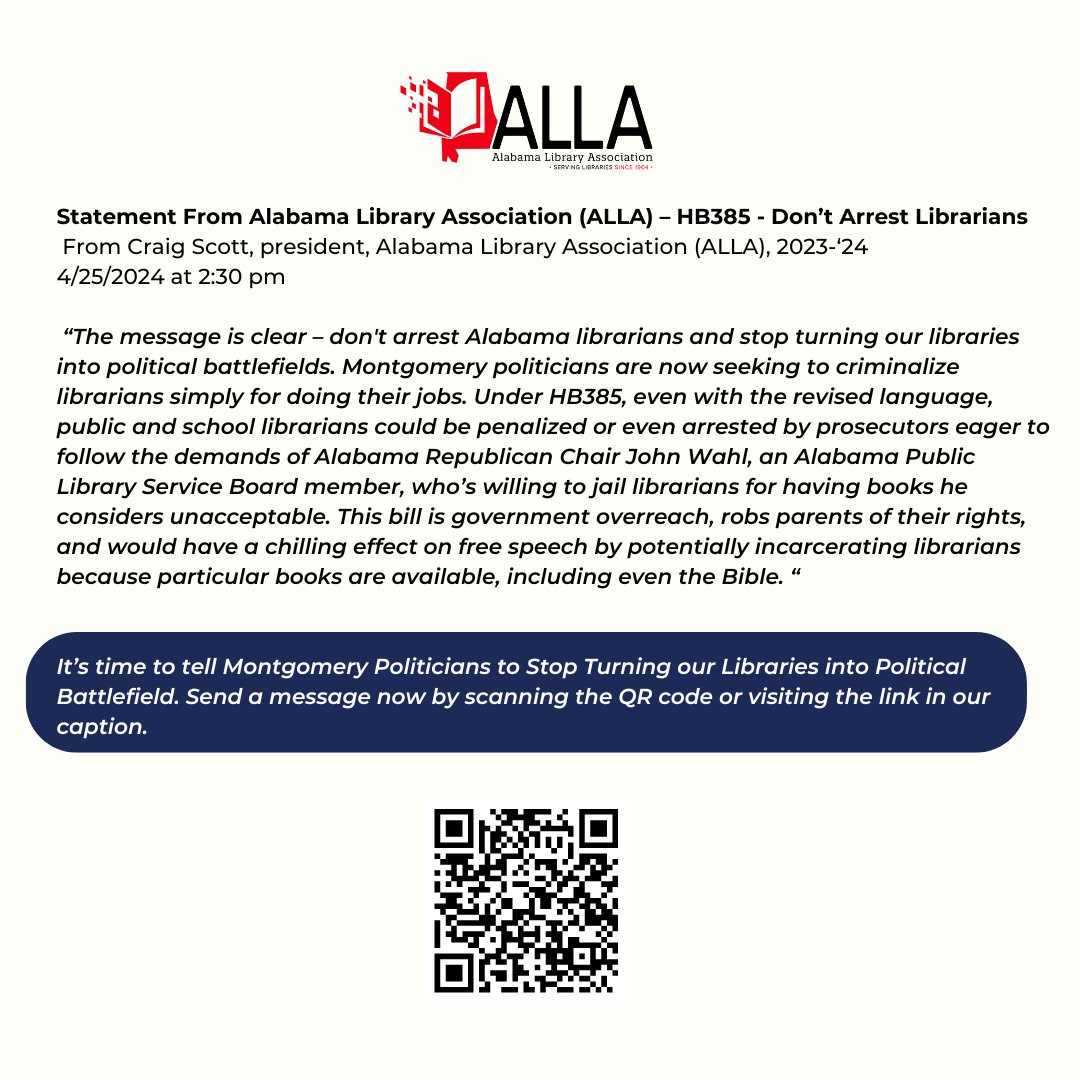 ALLibAssoc's tweet photo. It’s time to tell Montgomery Politicians to Stop Turning our Libraries into Political Battlefield. Send a message now by visiting: https://t.co/BCS7Ij0fUX https://t.co/vmkGYPZ40S