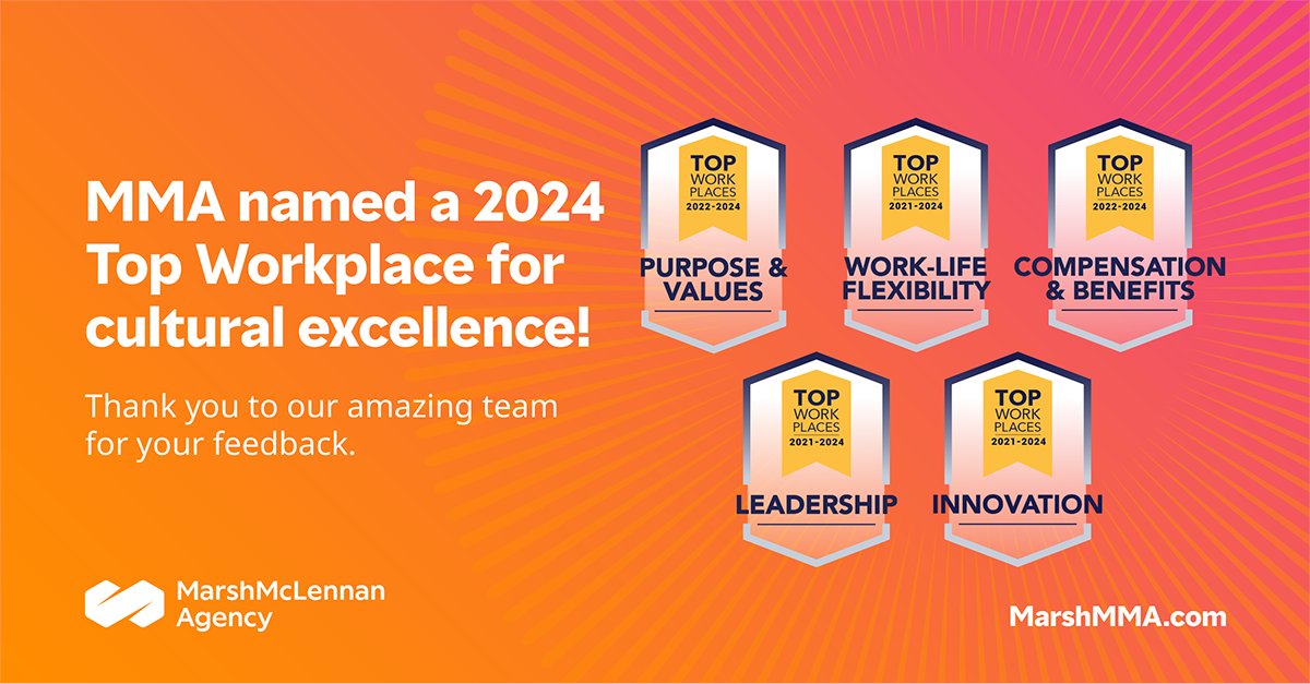I’m thrilled to share that @Marsh_MMA has once again been recognized as a #TopWorkplace for Leadership, Work-Life Flexibility, Innovation, Compensation, and Purpose and Values. Learn more about MMA’s award-winning culture at the link below. #ApplyNow sprou.tt/11okpcvyZp1