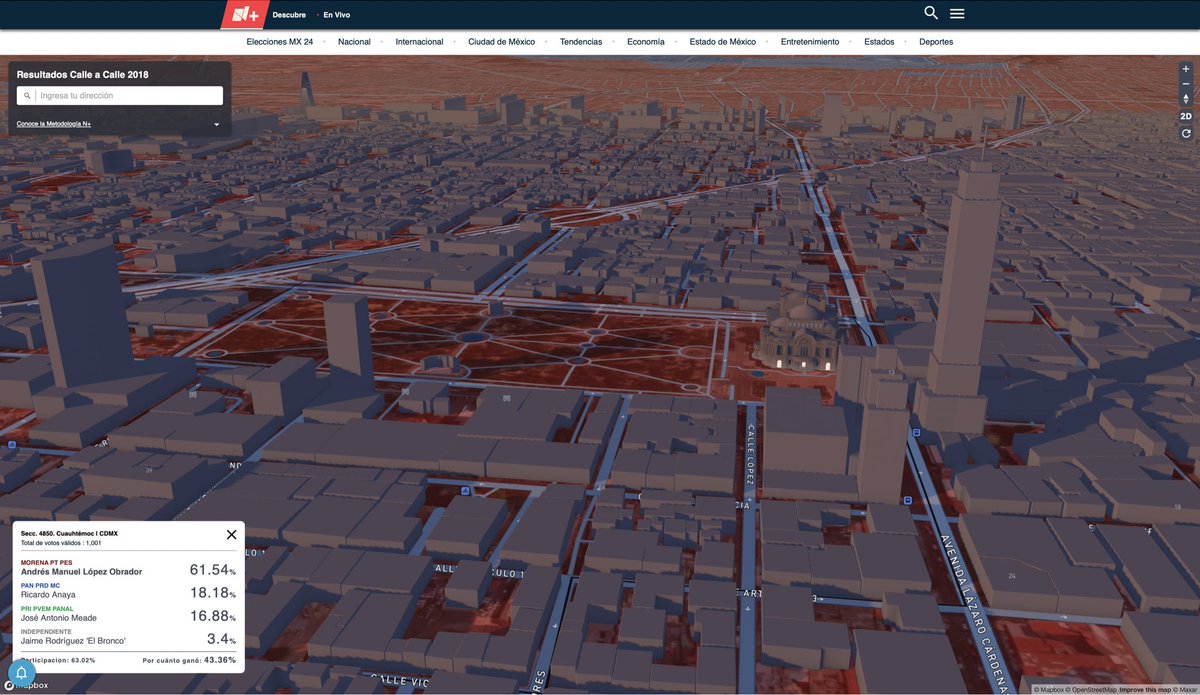 ¡Estoy súper feliz! Hoy por fin lanzamos nuestro mapa Calle a Calle de las elecciones presidenciales del 2018. En el buscador puedes escribir tu dirección y te lleva directamente a tu sección. Los invito también a explorar el 3D! Es hipnotizante 🤩 Link abajo 👇🏻