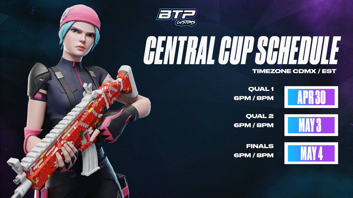 🏆 Central Cup! 💙 3rd edition by RY2, EHS & BTP | powered by 
@btpcustomsgg
 
💰Prize Pool: $500 USD
🗓️April 30, May 3 and 4 | 6:00 PM CDMX - 8:00 PM EST
🎮Duos Battle Royale | Central

To compete:
✅ Follow 
@borntoplaygg @RY2esports @elitehunterss 
✅ LIKE & RT
✅ @ DUO…