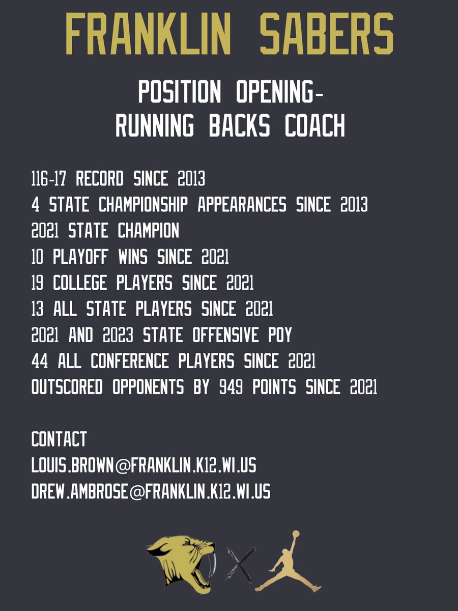 Franklin Saber football is looking for a Varsity Running Backs Coach