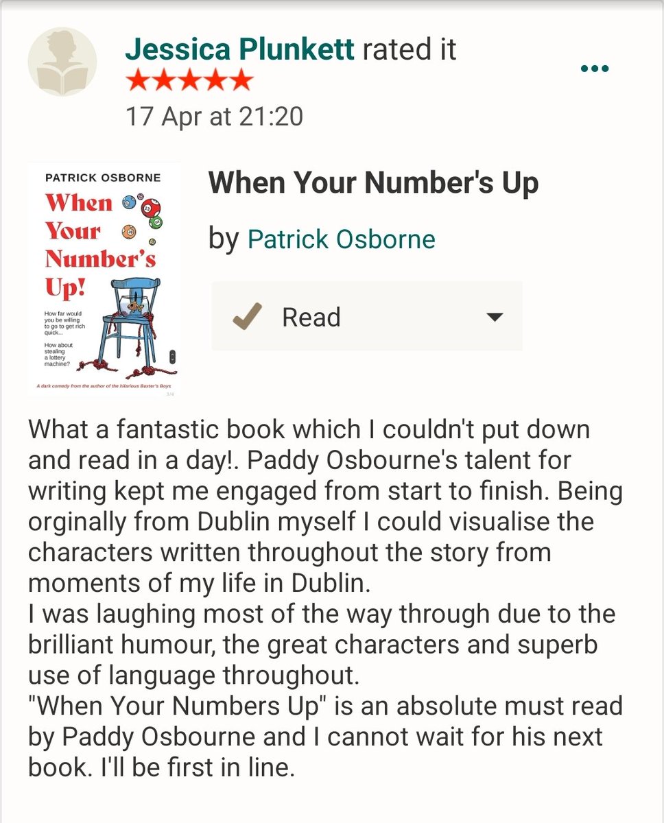 Another fantastic 5 star review for my second novel, When Your Number's Up! If you've enjoyed this book or indeed my first novel, Baxter's Boys, I'd be very grateful if you could leave a star rating, it helps with the aul sales, thanks 😁 #Comedy #Dublin goodreads.com/book/show/1936…