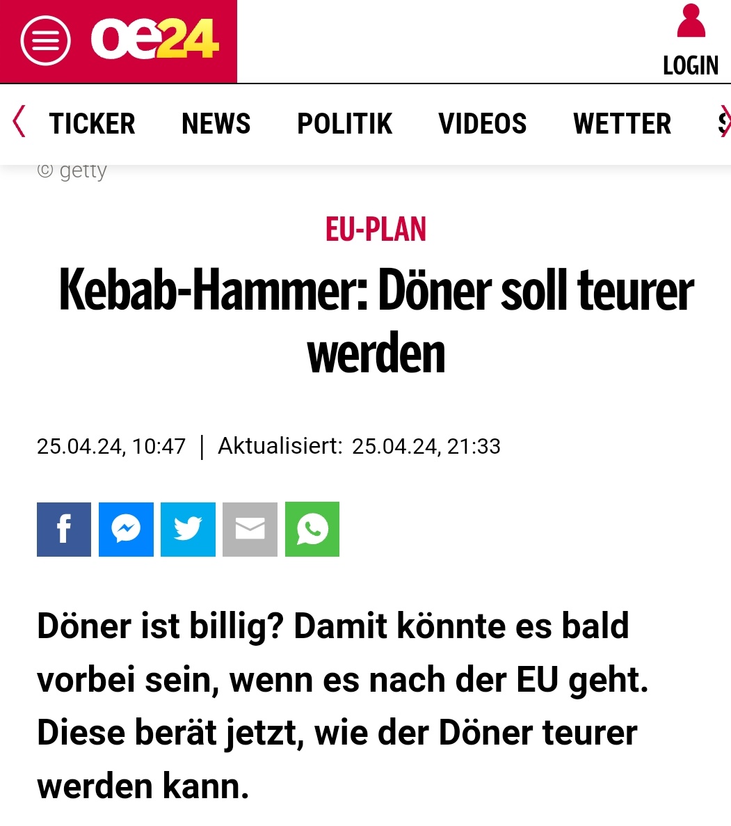 'Kebab-Hammer: Döner soll teurer werden' oe24, Österreichs ultimatives Nonsense-Portal, halluziniert einen 'EU-Plan', 'wie der Döner teurer werden kann', aus Anlass der Veröffentlichung des Antrags auf g.t.S.-Eintragung für Döner. eur-lex.europa.eu/legal-content/…