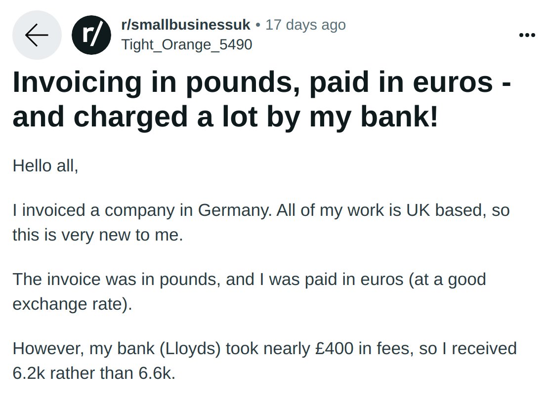 kaarmann's tweet photo. Déjà vu reddit thread. 
The experience of my then bank (hsbc) making up their own exchange rate is exactly why I started @Wise 13 yrs ago. https://t.co/yESs4QyvUT