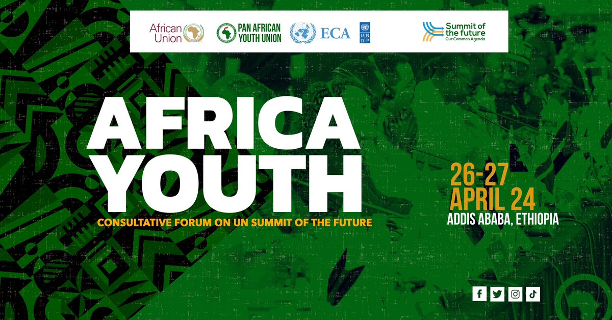 🗓️ 26-27 April 📢 Youth Consultative Forum Ahead of the Summit of the future, we’re partnering w/ the @_AfricanUnion, @YouthAfricanU & @ECA_OFFICIAL to foster dialogue & empower +100 African young people, to lead the advancement of the #SDGs & #Agenda2063 #Youth2030