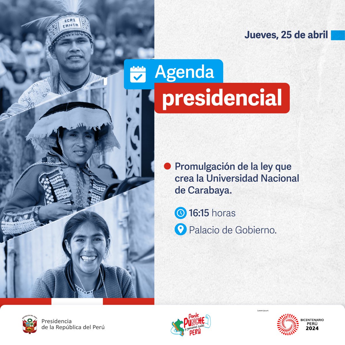 #AgendaPresidencial | La presidenta de la república, Dina Ercilia Boluarte Zegarra, participará en la ceremonia de promulgación de la ley que crea la Universidad Nacional de Carabaya, en el distrito de Macusani, provincia de Carabaya, región Puno. #PonlePunchePerú 💪…