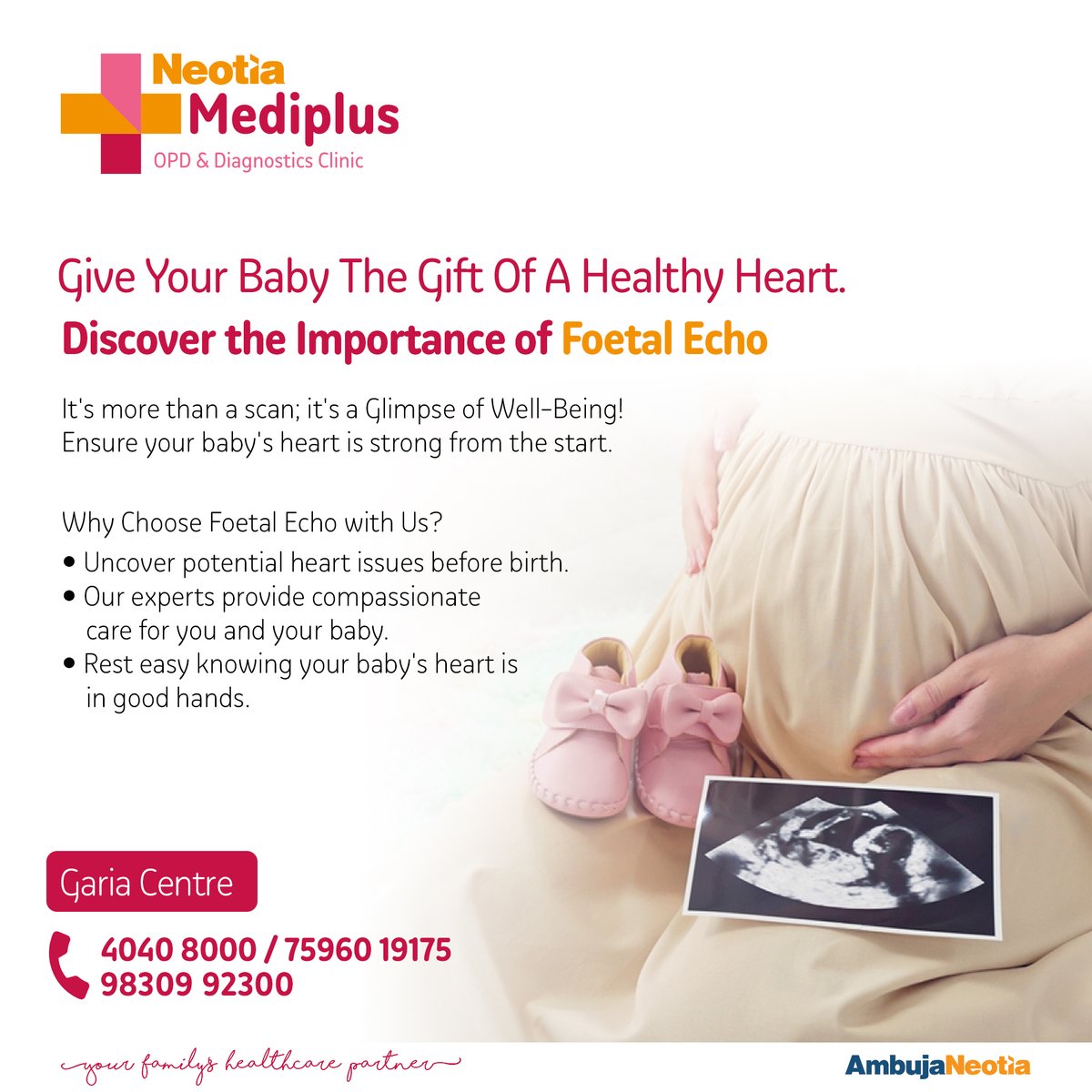 Listen to the rhythm of care! Our Foetal Echo service at #NeotiaMediplus Clinic ensures your baby's heart health with advanced screenings. 1 in 100 babies are born with heart defects - early detection is key. Book your Appointment. #FoetalEcho #HeartHealth #PregnancyCare