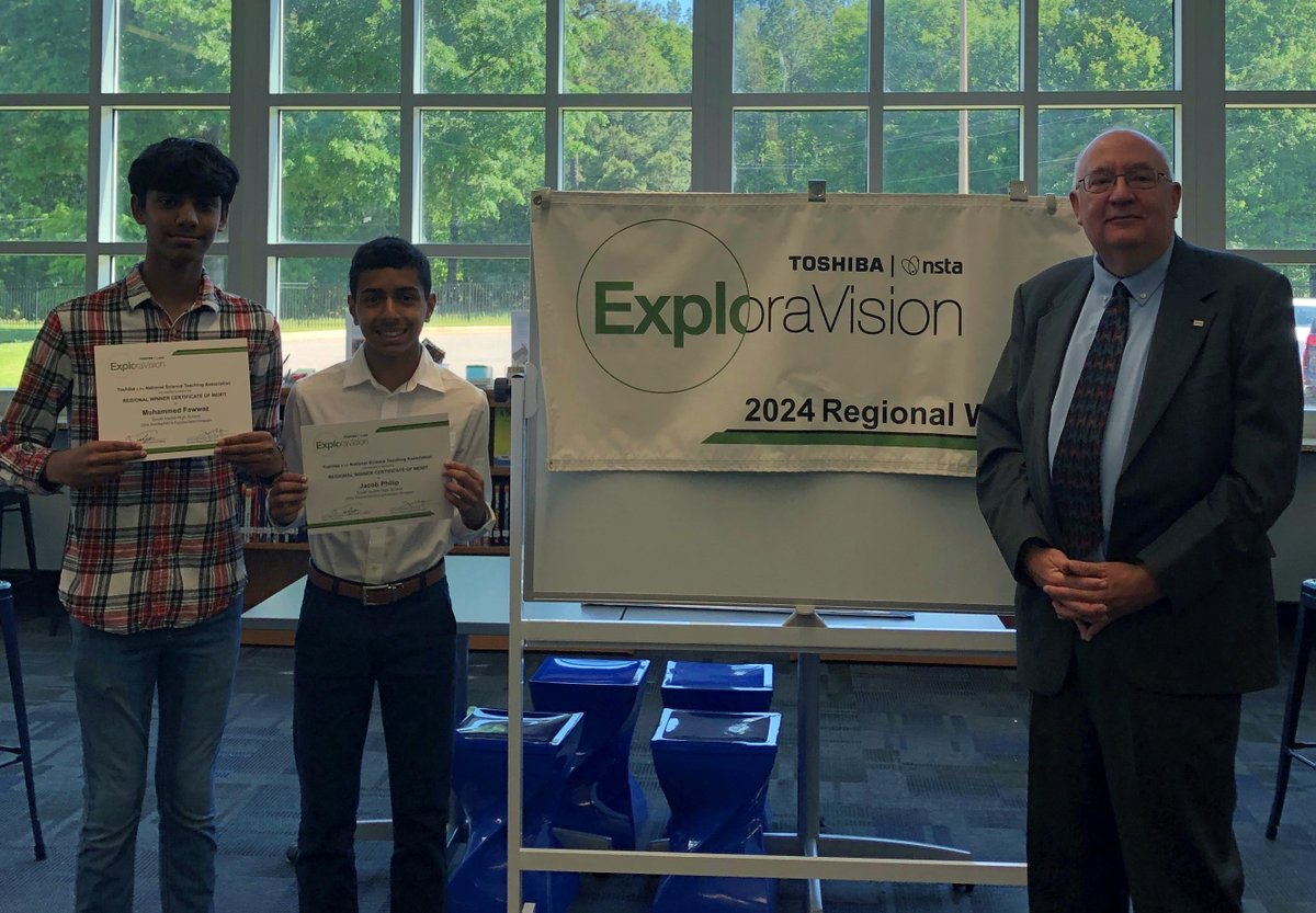 Congrats to the team AI Eye of Muhammed Fawwaz, Jacob Philip, Coach Jennifer Cartelli, and Mentor Kaleel Mohammed @SouthIredellHS for being selected as one of the regional winners of the Toshiba/@NSTA ExploraVision competition! Way to go!