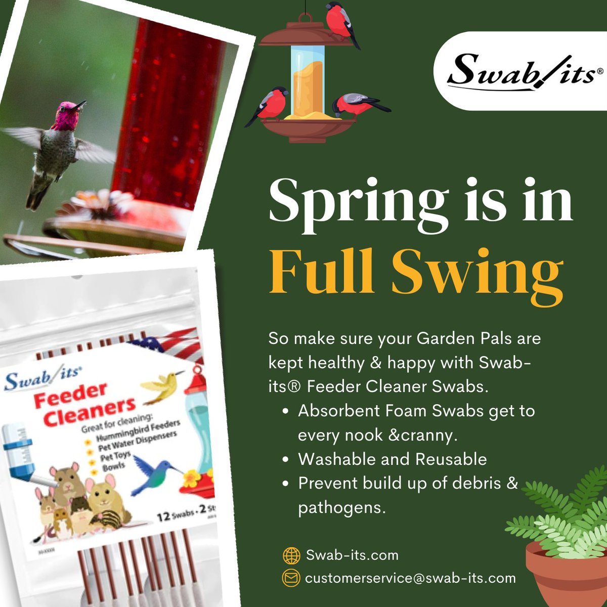 Swabits's tweet photo. Make the most of Spring with Swab-its® Feeder Cleaner Swabs! A dirty bird feeder can help spread disease, so keep your garden pals happy, healthy, and well-fed with these advanced foam cleaning swabs . Washable and reusable. Find yours today at https://t.co/o7Xs5J149V
#gardenlife https://t.co/fDuWVAHS65