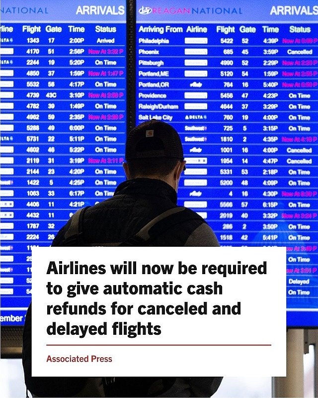 Thanks to President Biden, airlines will now be required to give automatic cash refunds for canceled and delayed flights. Joe Biden works for ALL the people ALL the time! #BidenHarris4More #DemsUnited