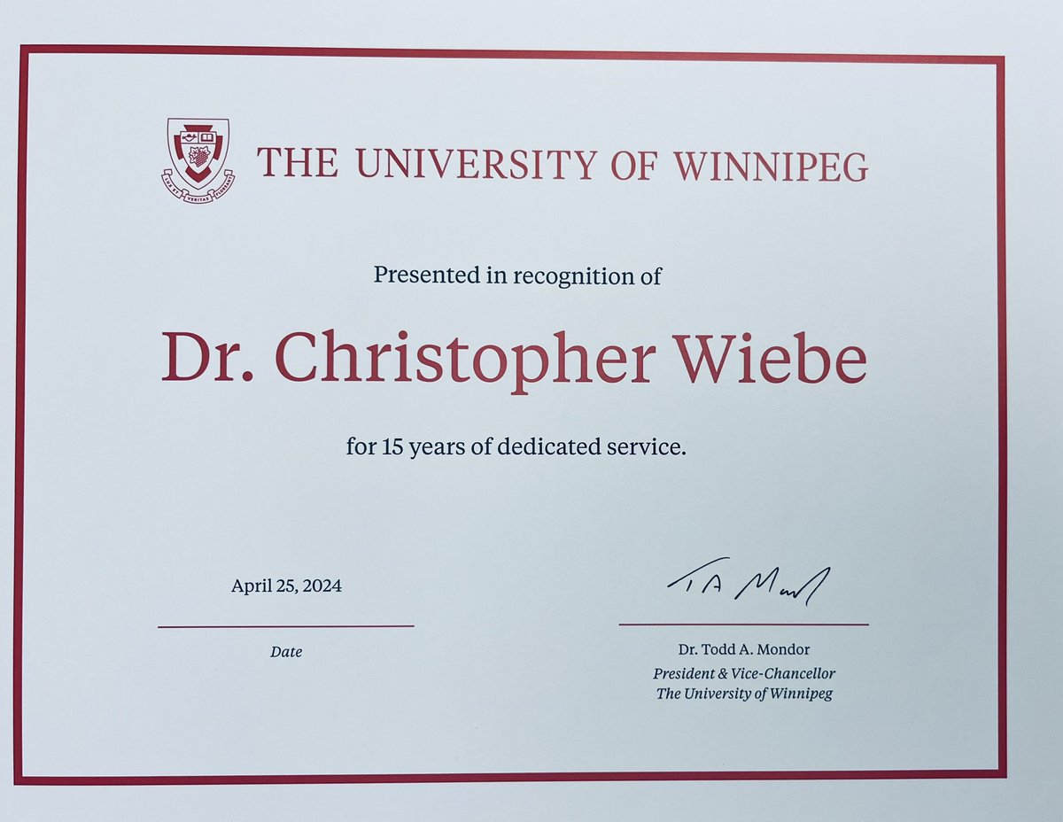 I’m very appreciative to have had the opportunity to work @uwinnipeg for the last 15 years. I was a student here in the mid 90s and it is so rewarding to be able to give back to other students in my home province. Grateful to be around other dedicated faculty and staff as well.