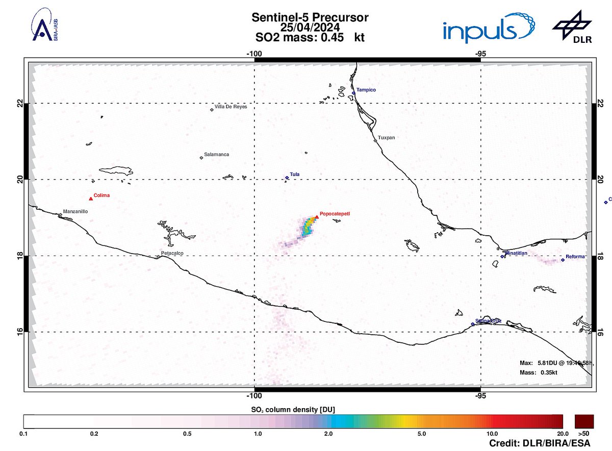 On 2024-04-25 #TROPOMI has detected an enhanced SO2 signal of 5.81DU at a distance of 6.1km to #Popocatepetl. #DLR_inpuls @tropomi #S5p #Sentinel5p @DLR_en @BIRA_IASB @ESA_EO #SO2LH