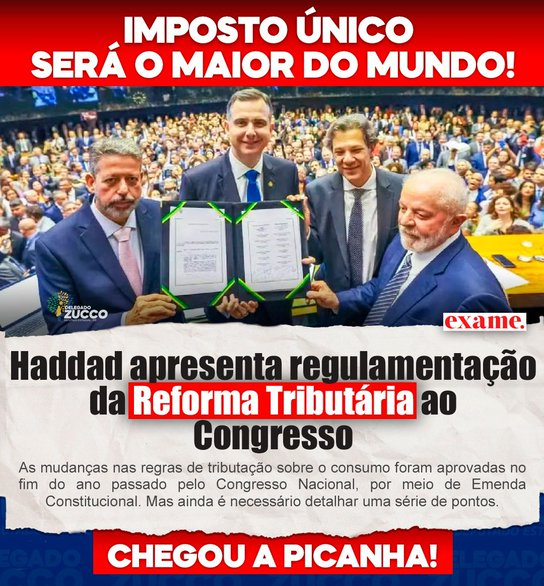 ACORDA BRASIL!
Não se engane, continuará existindo IR, ITBI, ITCMD, IPVA, IPTU...
A proposta prevê alíquota do Imposto sobre Valor Adicionado (IVA) podendo variar entre 25,7% e 27,3%, O MAIOR IVA DO MUNDO!