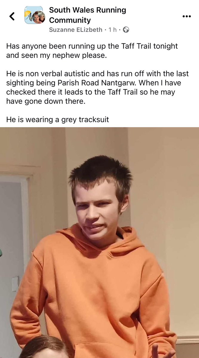 GillibrandPeter's tweet photo. **attention south Wales**

Suzanne’s non-verbal autistic nephew has gone missing around the Nantgarw/Taff Trail area.

Please share and I hope we can find him. Must be so scary if you can’t communicate!!! https://t.co/bGU371QfXi