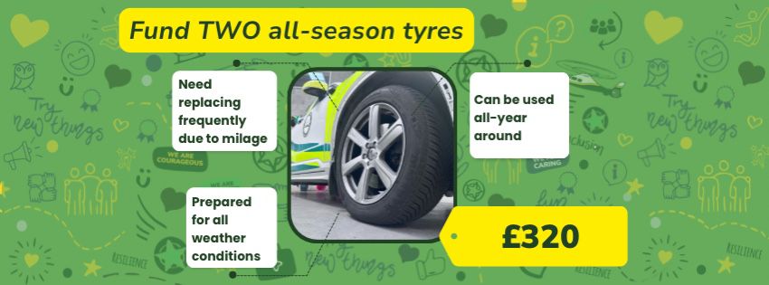 Tyres are a feature on our cars which are taken for granted, without frequent replacements to ensure they're roadworthy, we wouldn't be able to save lives. We travel up to 2180 miles each week, and our rapid response vehicles' wheels are to thank for it: facebook.com/donate/1816705…