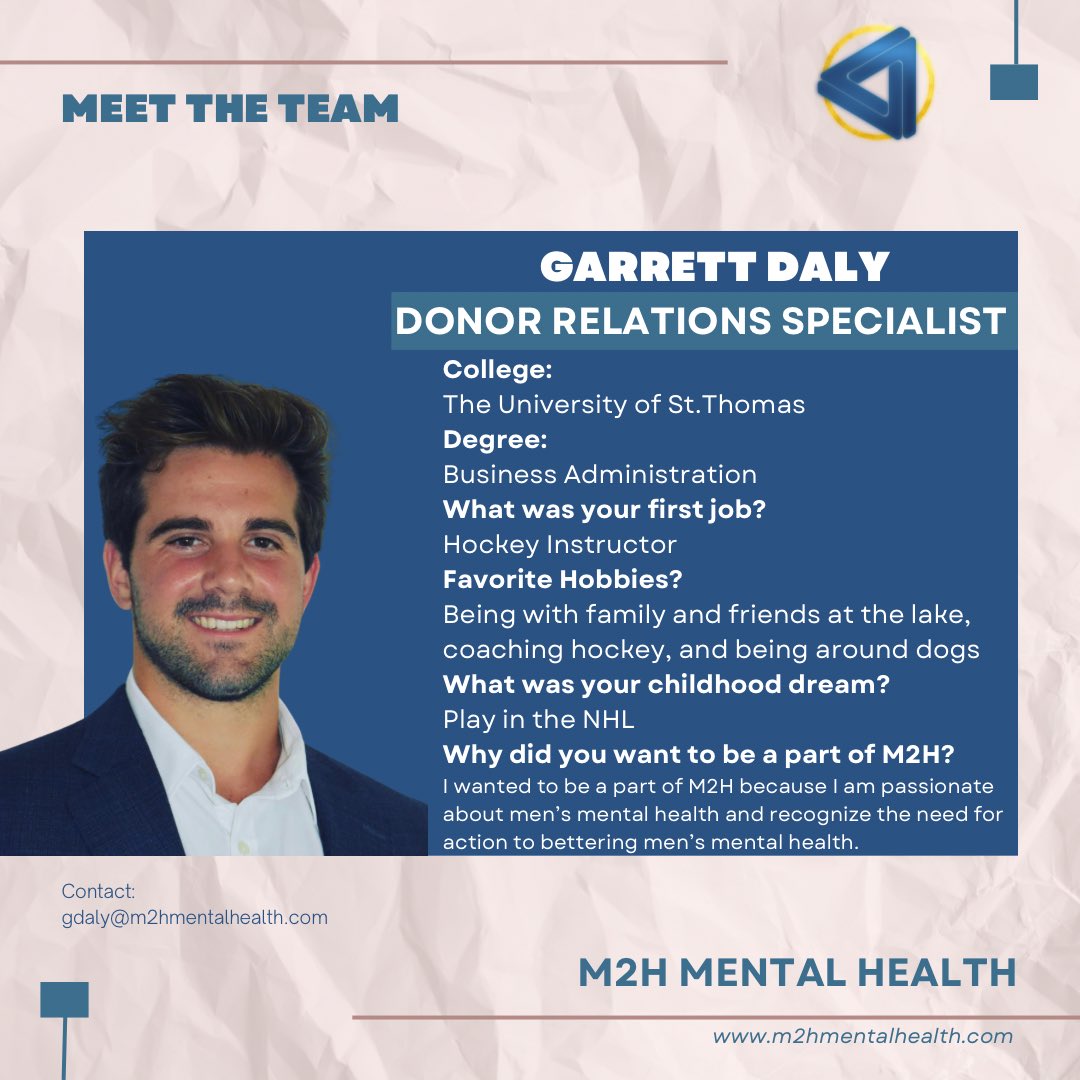 Meet the M2H Team: Garrett Daly  #M2HTeam #MensMentalHealth #MentalHealthAdvocates #SupportingMen
#M2HCommunity #EmpoweringMen
#TeamBehindM2H #BreakTheStigma
#MentalHealthAwareness #StrongerTogether
#M2HFam #MensWellness #M2HLeaders
#MentalHealthWarriors #MenSupportingMen