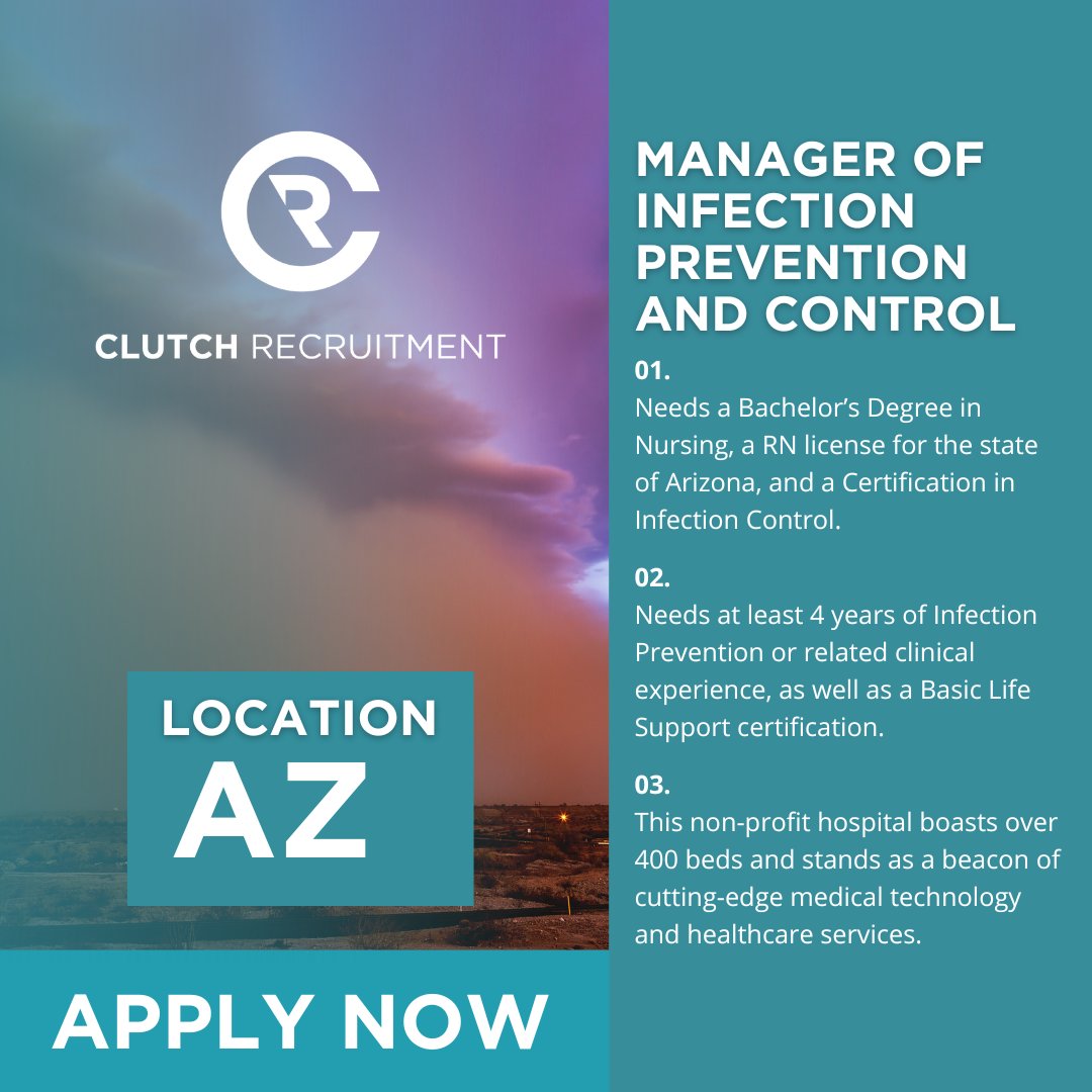 We are looking for a registered nurse to step into the role of Manager of Infection Prevention and Control at a 400+ bed medical center in Arizona. 

#InfectionControl #infectionprevention #infectionpreventionandcontrol #infectionpreventionist #cbic #cic #apic #arizona
