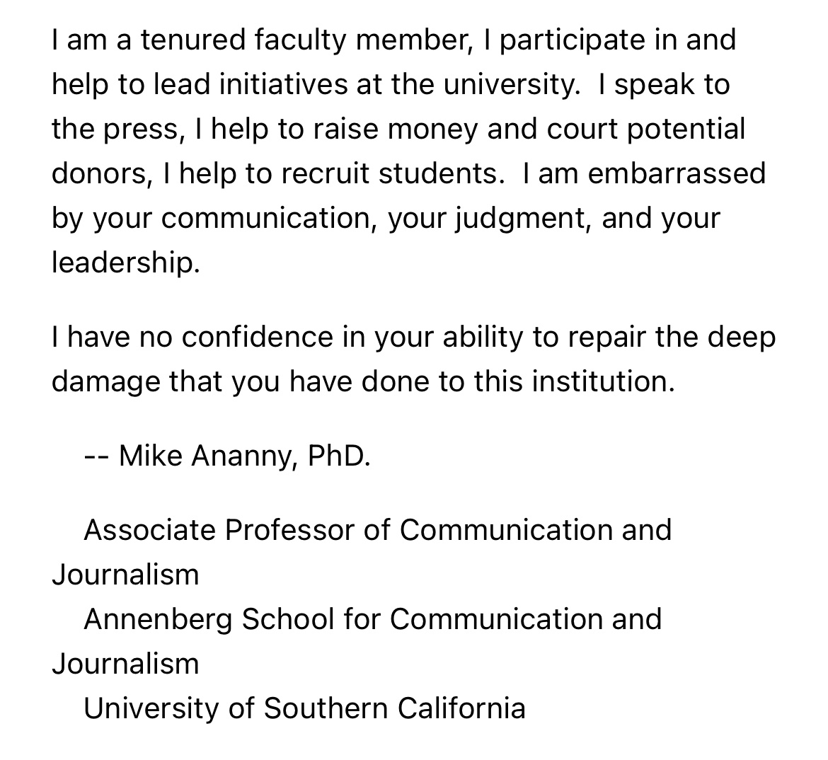 Letter I just sent to @USC Provost Guzman & @PresidentFolt.