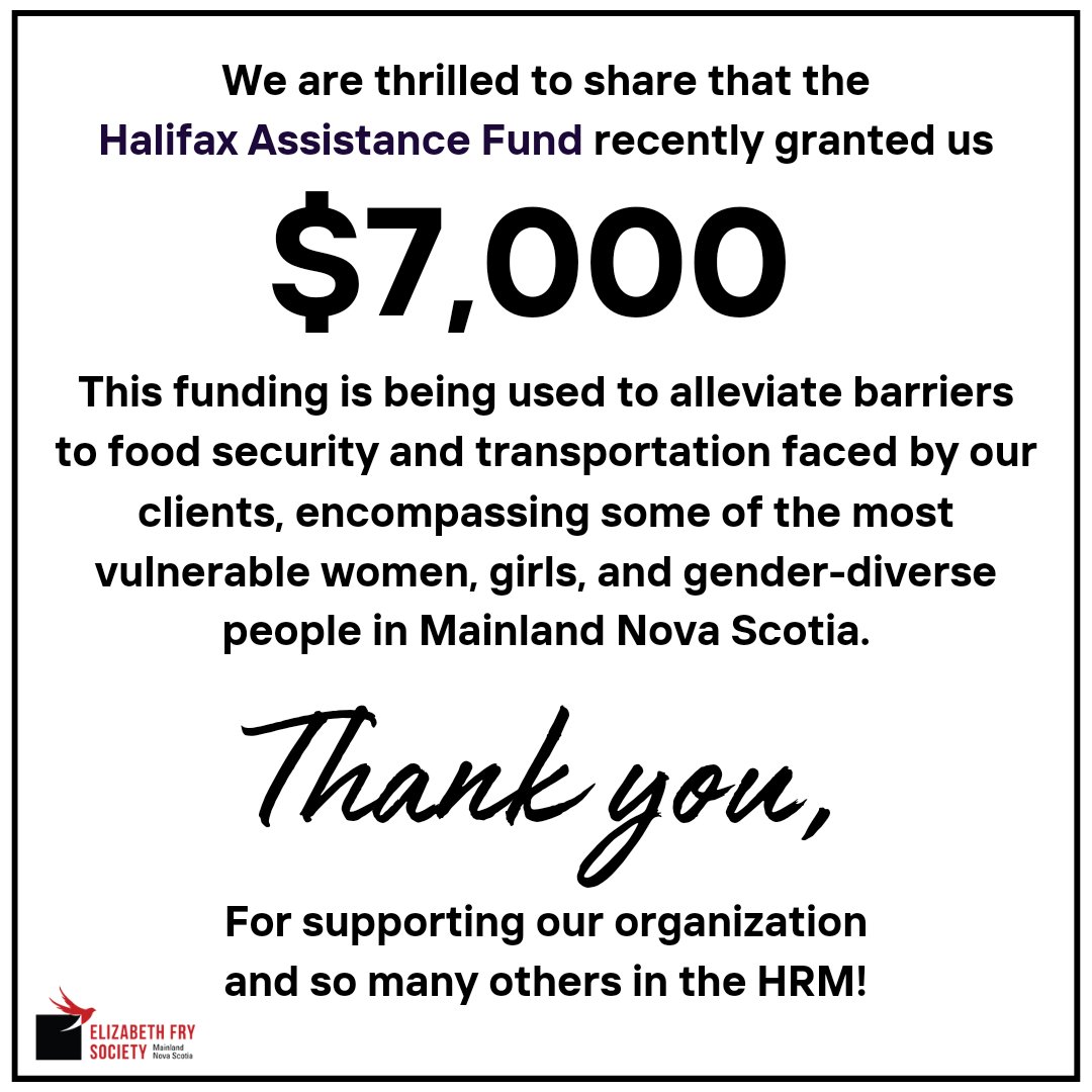 We are thrilled to share that the Halifax Assistance Fund recently granted us $7,000! This funding is being used to alleviate barriers to food security and transportation faced by our clients, encompassing some of the most vulnerable women, girls, and gender-diverse people in…
