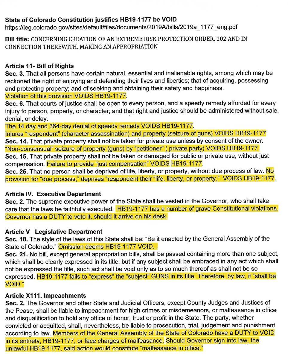 @schotts @MarkBaisley, @jaredpolis, @ColemanforCO, @Hansen4Colorado & @LarryListon10 List firearms you will NOT include in your gun ban. The only way law enforcement can enforce a Colorado General Assembly gun control law, is to violate the Oaths they took. Was HB19-1177 signed into law?
