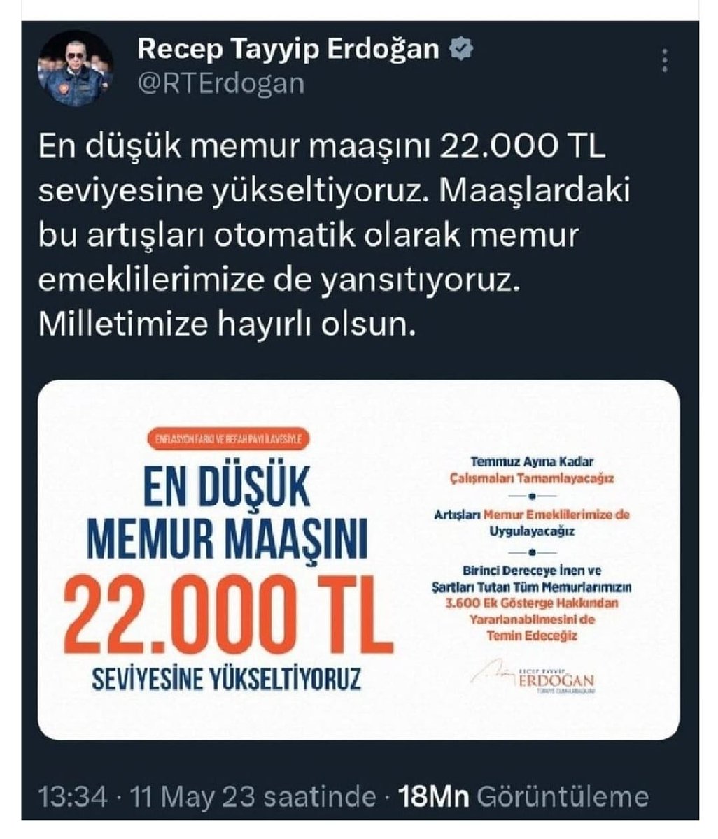 @samiltayyar27 Sayın cumhurbaşkanımız 3600 ek gösterge ve memura verilen iyileştirmeden emeklisi de yararlanacaktır sözü verdi. Verilen sözler yerine getirilmemiştir. Sn Cumhurbaşkanımızın sözü havada kalmıştır.