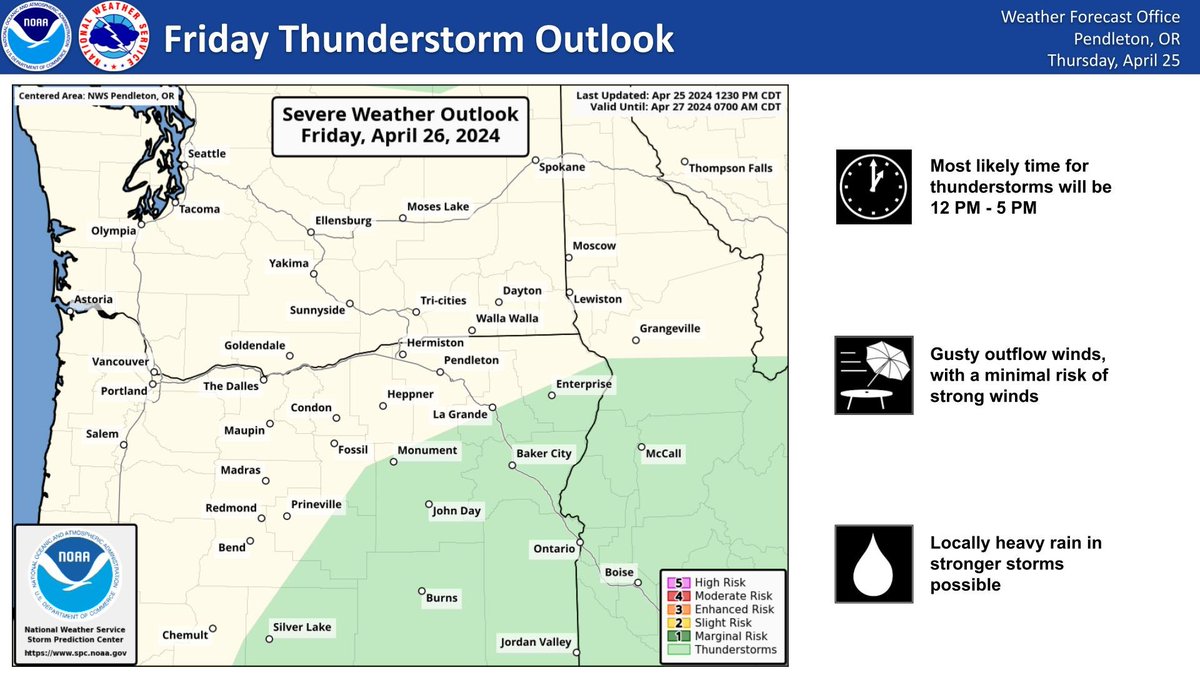 A risk of thunderstorms is expected from Central Oregon through the Wallowas Friday afternoon. Storms are not expected to be strong, but frequent lightning, gusty outflow winds, and periods of locally heavy rain are all possible. #ORwx #WAwx