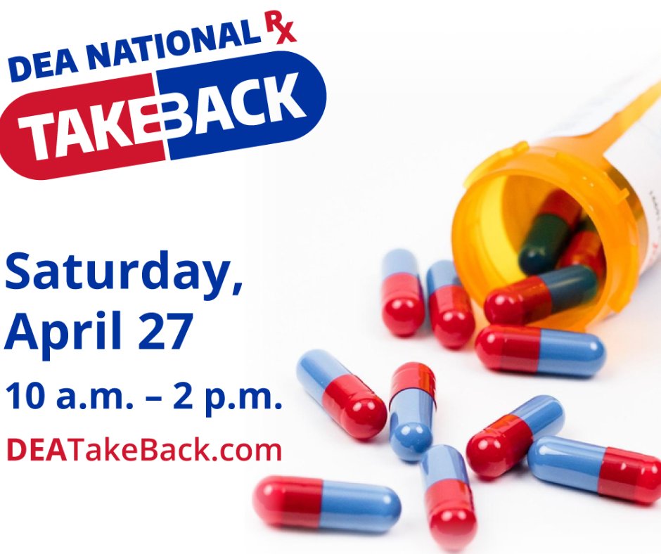 Spread the word to your friends and family by sharing this post and using the #TakeBackDay hashtag to promote the proper disposal of unneeded medications on April 27! You never know who you could be helping.  DEATakeBack.com #opioidcrisis #DEA #Opioids #OpioidEpidemic