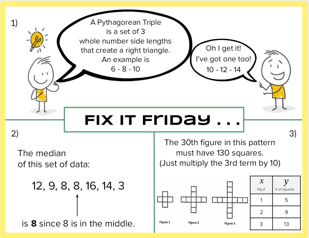 Here's a Fix It Friday warm-up for tomorrow!  Featuring a few more common errors to identify and rectify. This mix means it's a chance for some retrieval practice, too! 
#iteachmath #HRCEmath #mtbos