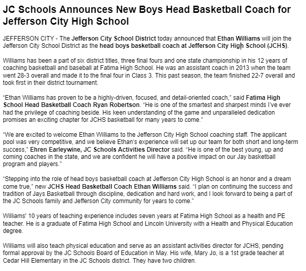 JCSchools_'s tweet photo. Please join us in giving a warm JC Schools welcome to Ethan Williams, who will be joining us as the new boys head basketball coach at Jefferson City High School!! https://t.co/BgOtk2dwer