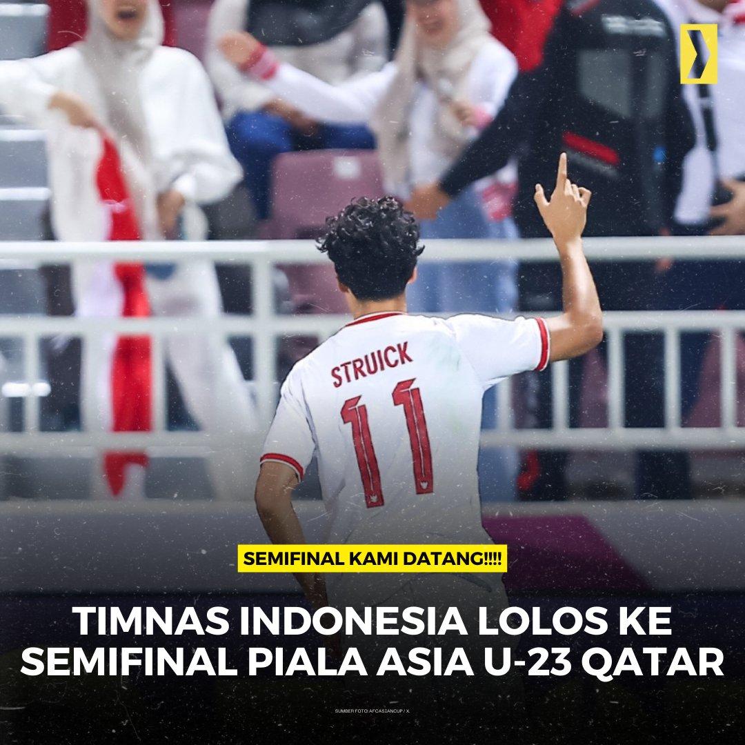 SEMIFINAL, INDONESIA DATANG 🇮🇩

Menang atas Korea Selatan lewat babak adu penalti, Timnas Indonesia melaju ke babak  SEMIFINAL Piala Asia U-23. 🥹

Harapan bermain di Olimpiade Paris 2024 pun terbuka lebar dan mari buat mimpi itu menjadi nyata, Garuda Muda! 🔥

BANGGA.

#AFCU23