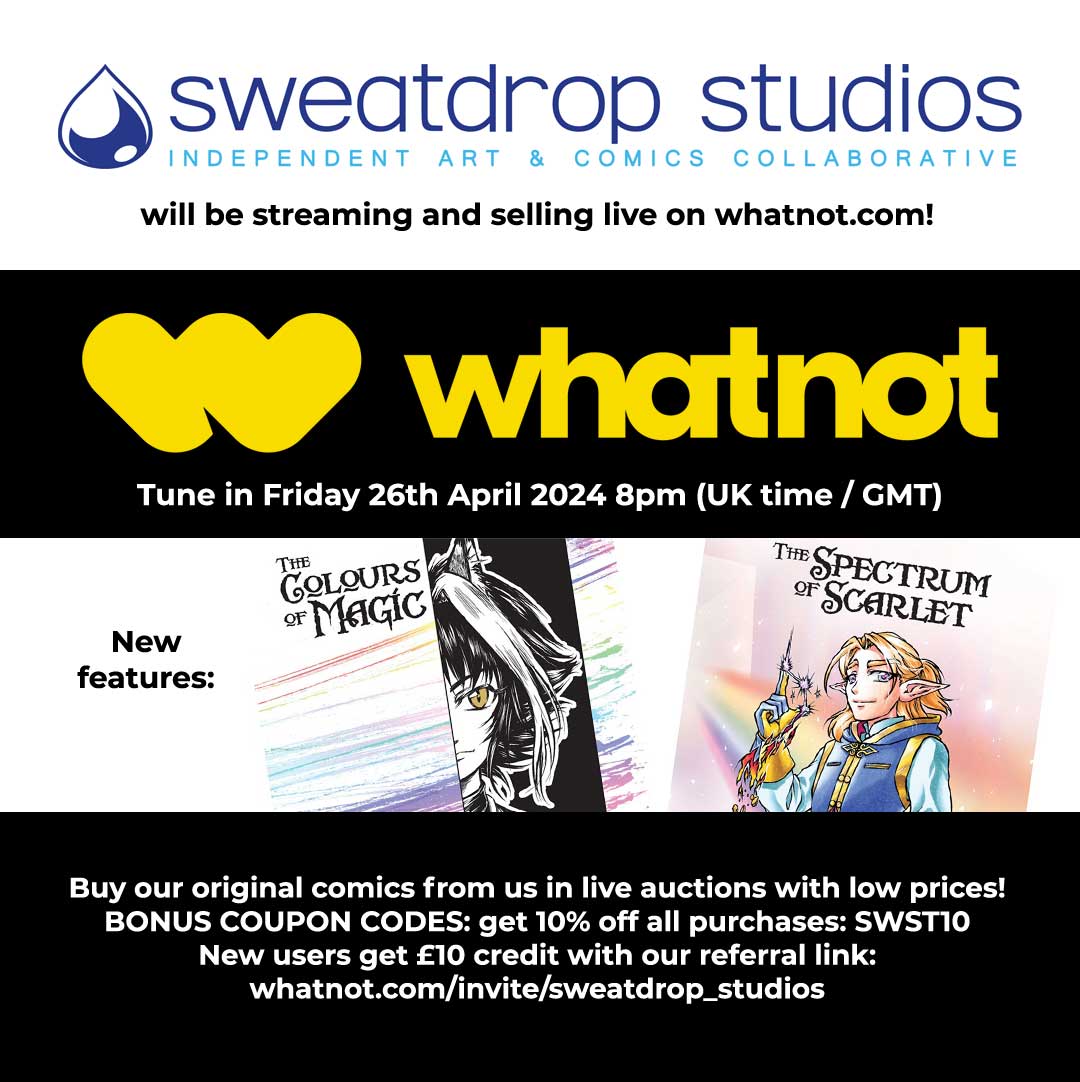 sweatdrop's tweet photo. Reminder that tomorrow night 8pm is our next livestream selling session on Whatnot: grab our comics at discounted prices with auctions and coupons (10% off with SWST10)! The next show features more works from the Chronicles of Ciel by Sonia Leong~ https://t.co/SoTrPDvHdT
