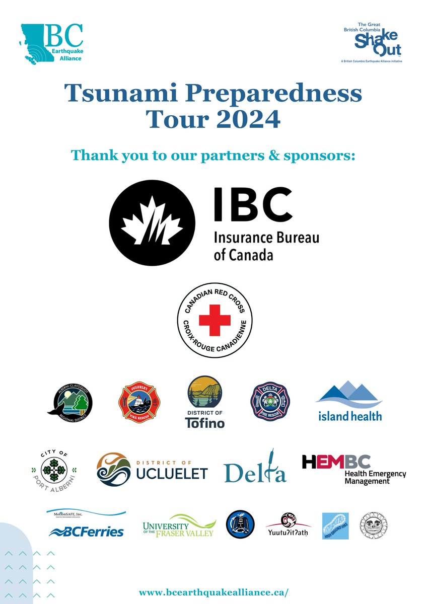 Big thanks to our partners & sponsors for supporting the Preparedness Tour around #TsunamiPreparednessWeek! 

With your help, we reached approximately 655 people during out stops in Victoria, Port Alberni, Tofino, Ucluelet, Ehattesaht, & Delta🌊🚨