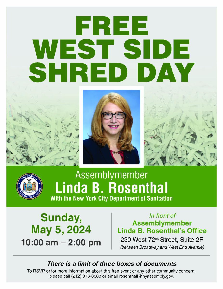 It’s that time of year again! 📄📃 Join me on Sunday, May 5 outside my district office for my free West Side Shred Day event. We will be shredding documents from 10:00 am to 2:00 pm. Hope to see you there! 👋🏼