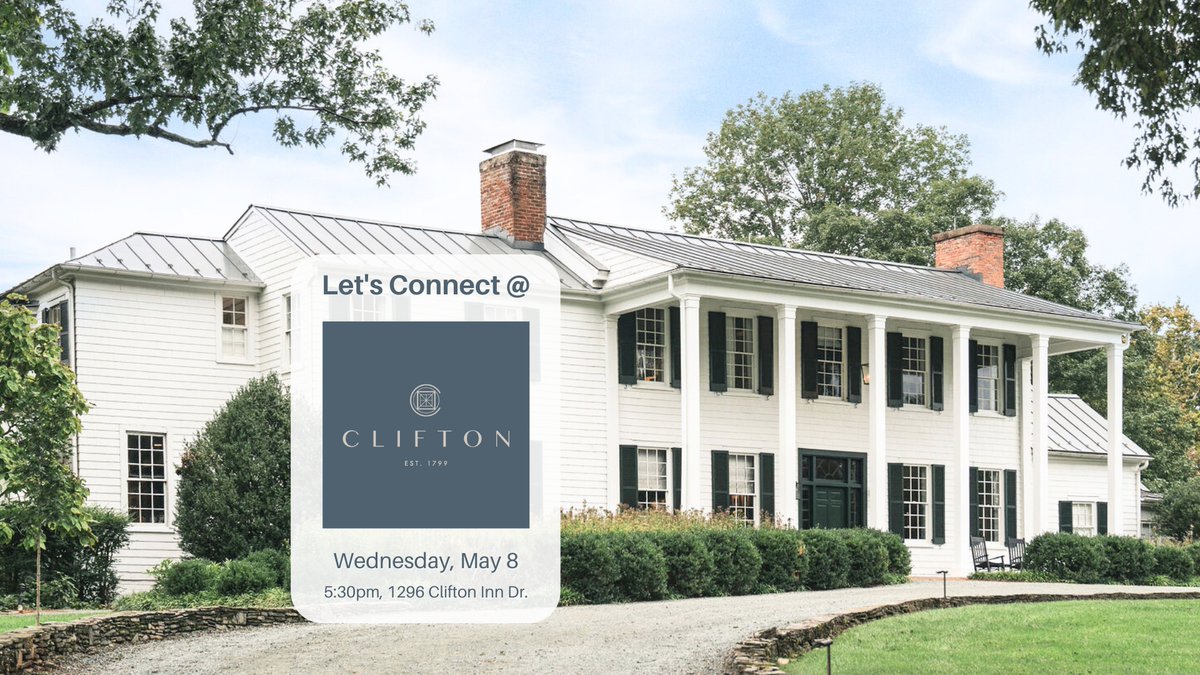 Let's Connect @ The Clifton May 8! Join your Chamber colleagues for networking, food and drinks - free for members. Sign up here: business.cvillechamber.com/events/details…

#networking #happyhour #drinkswithfriends #charlottesville #cville #albemarlecountyva #letsconnect