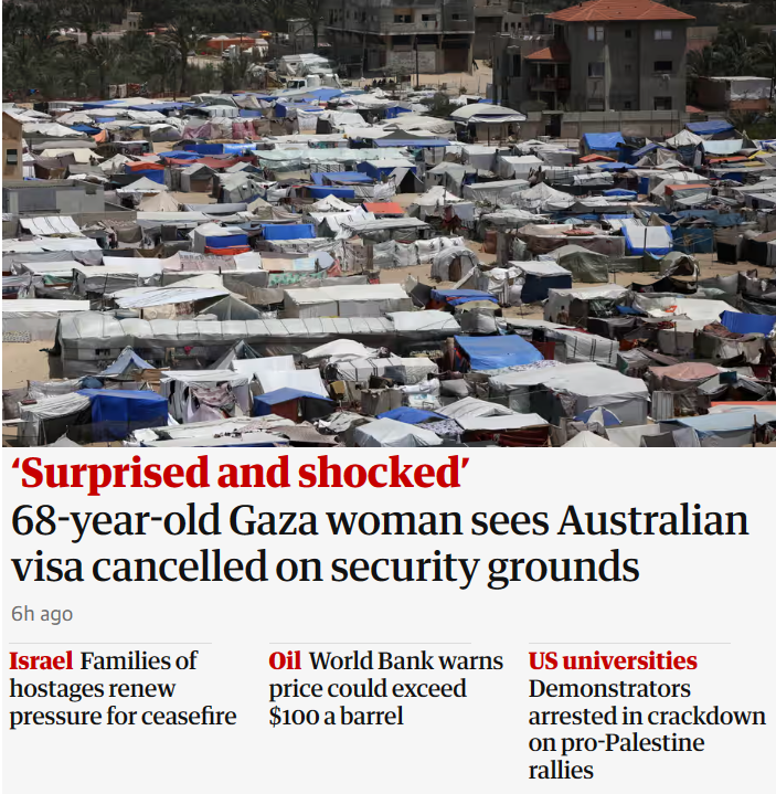 This is the only Gaza news I can see anywhere near the front page of @GuardianAus this morning.

Is that it? Is there really nothing else to report about the plight of Palestinians in Gaza and the West Bank under occupying Israel? #FreePalestine #CeasefireNOW #EndTheOccupation