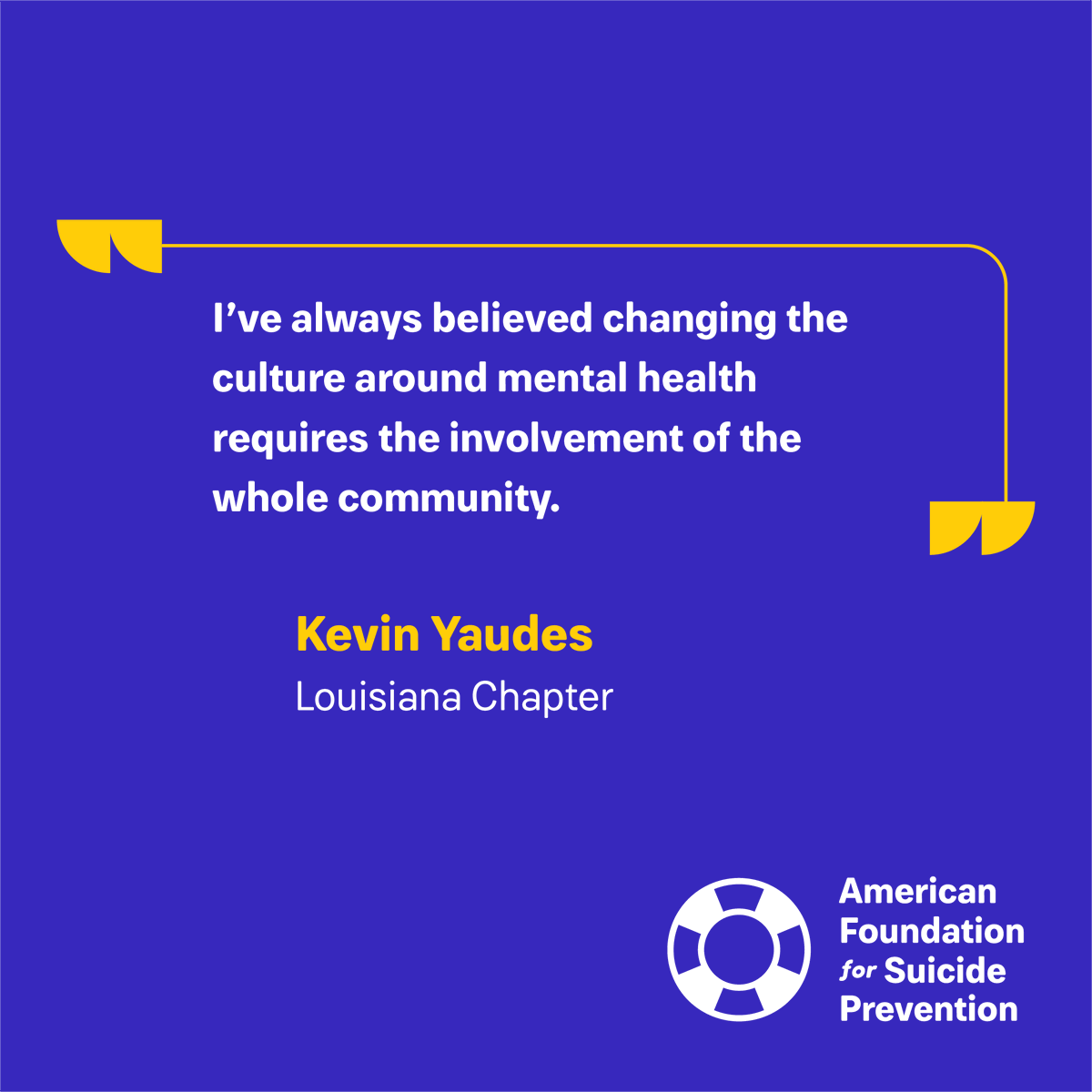 An individual can make a difference, and a whole community can make an even greater impact. Kevin Yaudes of @AFSPLouisiana shows how being an AFSP volunteer can shift the culture around mental health. Get involved to see for yourself: afsp.org/volunteer #NVW