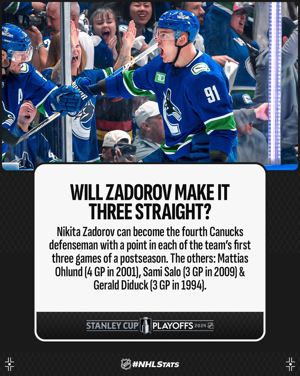 Nikita Zadorov will look to achieve a @Canucks feat that hasn't been seen in more than 20 years when Vancouver contests Game 3 tonight at 7:30 p.m. ET on @SportsonMax and @Sportsnet. #StanleyCup. #NHLStats: media.nhl.com/public/news/17…