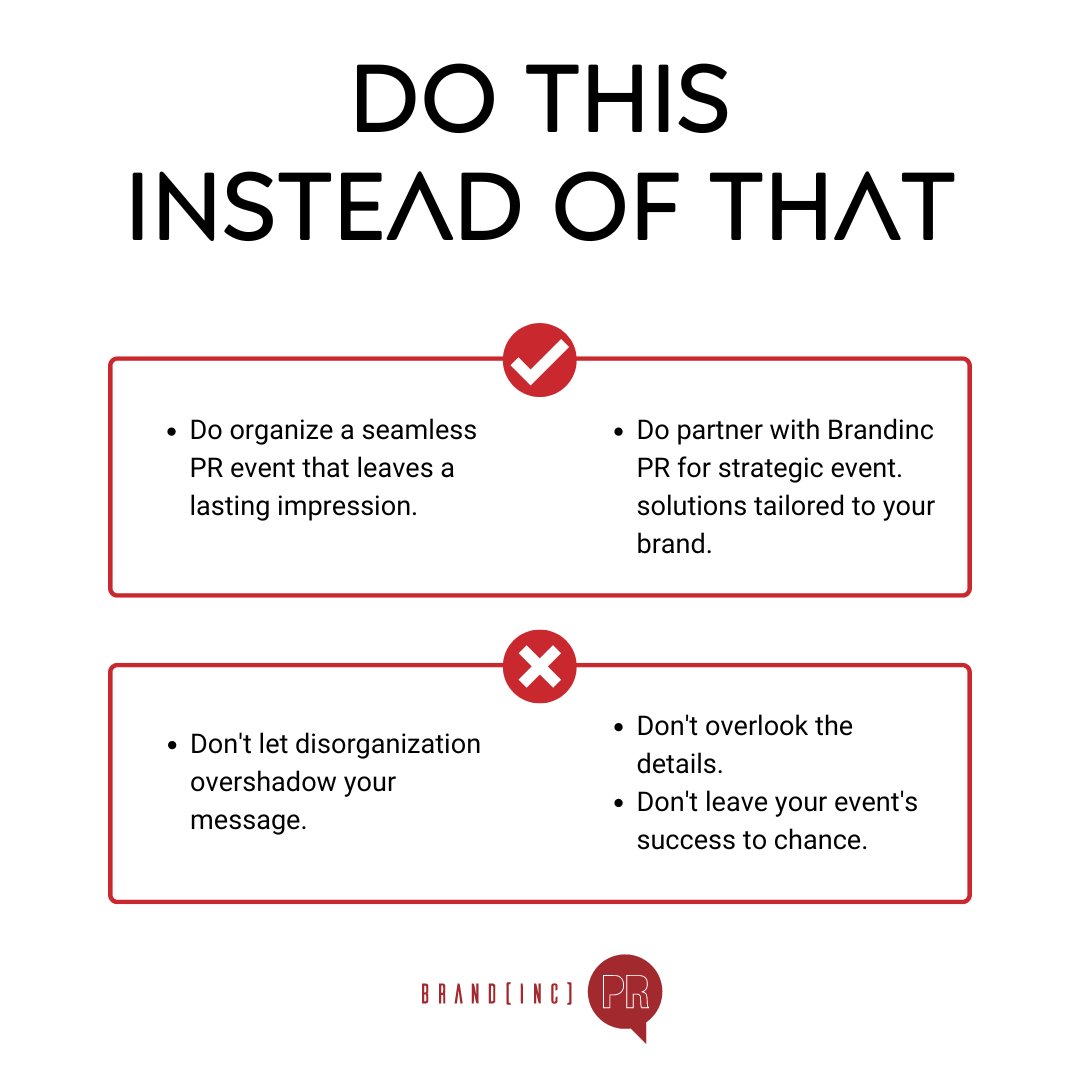 Plan your PR events with precision! 🌟 Do choose Brandinc PR for flawless execution and unforgettable experiences. Don't settle for less. #PR #DoThisNotThat #PRAgency #brandactivation #Brandincpr