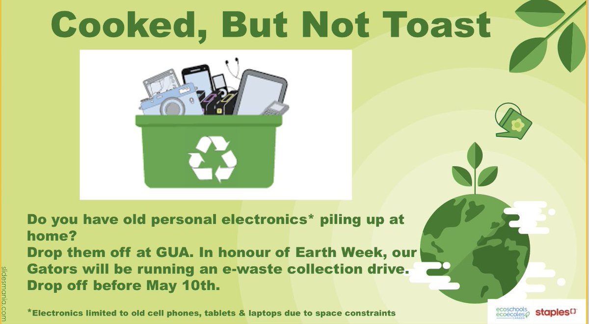 Do you have old cell phones, tablets or laptops collecting dust at home? <a href="/AngelsOCSB/">Guardian Angels School</a> is hosting a small e-waste drive in honour of Earth Week. Let’s divert these small electronics from our landfills. Drop off before May 10th at school <a href="/EcoSchoolsCAN/">EcoSchools Canada</a> #ocsbEco