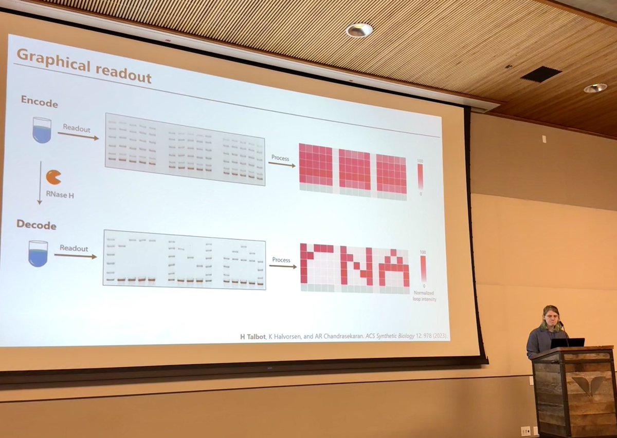 Proud of my lab’s undergrad Hannah for a terrific talk at #FNANO24, the only undergrad talk in the entire conference! Check out the related DNA data storage paper here: pubs.acs.org/doi/abs/10.102… 💾💿 @TheRNAInstitute
