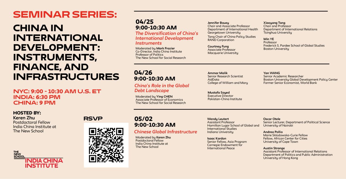 Join us tomorrow, 26 April 2024, at 9 am ET for the 2nd part of the online seminar series "China in International Development: Instruments, Finance, and Infrastructure". 

RSVP now: event.newschool.edu/china-role-glo…