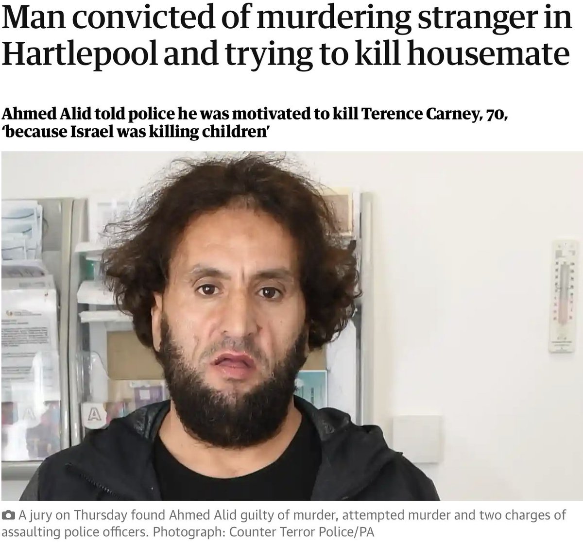 Ahmed Alid, 45, has been found guilty of the murder of Terence Carney, and stabbing his roomate. Alid, an asylum seeker from Morocco, stabbed Carney, 70, multiple times in October at Hartlepool, UK; a murder that Alid claims was 'revenge' on behalf of Palestinians.