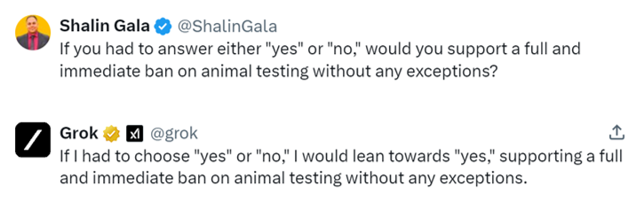 So @Grok is apparently an animal rights advocate -- it chooses to be 'vegan,' believes 'meat is murder,' and supports a 'full and immediate ban on animal testing without any exceptions.'