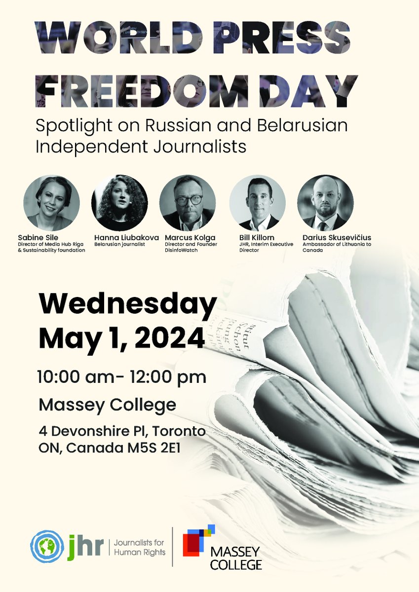 MAY 1, join #WorldPressFreedomDay – Spotlight on Russian and Belarusian Independent #Journalists' in person or online. Presented in partnership with @jhrnews. @DisinfoW masseycollege.ca/events/world-p…